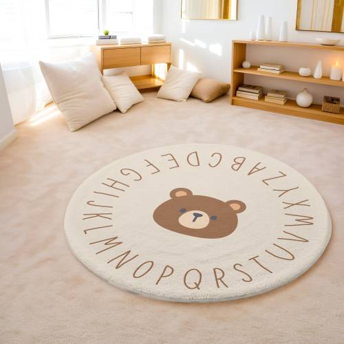 Alphabet Beige Teddy Bear Rug - Kids Nursery Playroom Decor- kids Room Decor - Teddy Bear decor - Round Circle Rug - baby Nursery decor