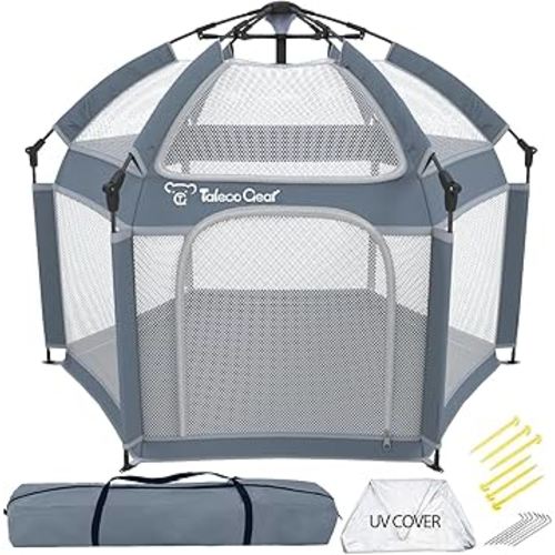 Baby Playpen with Canopy, Portable Indoor & Outdoor for Baby and Toddler, Foldable Pop up Playpen, Play Yard with Travel Bag, 6 Ground Stakes, 6 Sand Stakes