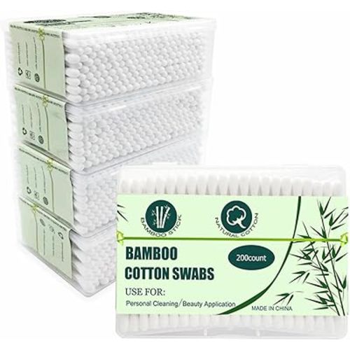 1000pcs Bamboo Cotton Swabs Double Round Cotton Buds with Wooden(5 Pack of 200)
