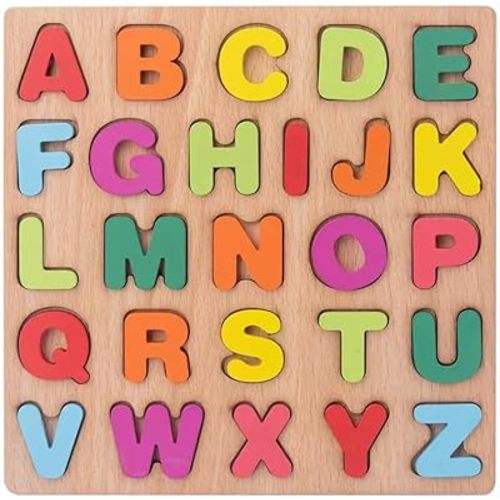 Montessori-style wooden alphabet puzzle for kids. Encourages letter recognition, stacking, and learning through play. Ideal for toddlers and preschoolers.