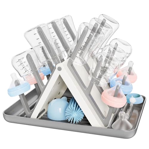 Large Baby Bottle Drying Rack, Space Saving 18 Hooks Slope Travel Bottle Dryer with Removable Drip Tray, Countertop Holder Organizer for Bottles & Baby Brushes Pacifiers and Pump Part-BPA Free