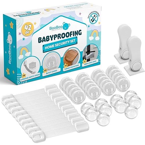 Booboo (42 Pack) Child Safety Baby Proofing Kit | x10 Cabinet Drawer Locks, x10 Corner Guards, x20 Outlet Covers, x2 Door Lever Lock | Baby Proof Your Home & Kitchen with No Trapped Fingers