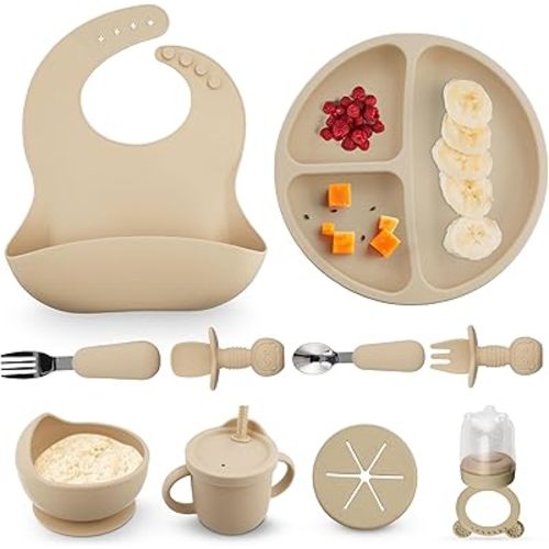 BPA-Free Silicone Baby Feeding Set: Includes Suction Plate, Bowl, Sippy Cup w Lid, Fruit Feeder, Sensory Bump Utensils, Steel Fork and Spoon, Biege