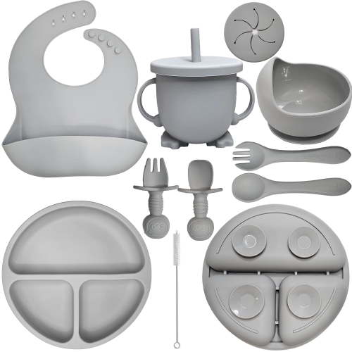 HippoBaby Baby Led Weaning Supplies | 10 Piece Silicone Feeding Set | Baby Toddler Bib Cup Divided Plate and Bowl Self Feeding Spoons Dish Set | Toddler Feeding Supplies (Cloud)
