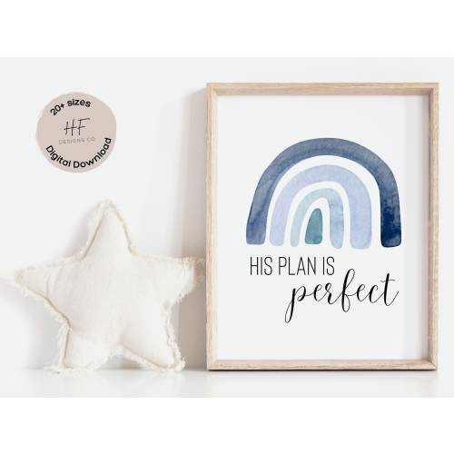 Rainbow Baby Wall Art, His Plan Is Perfect Poster, Christian Boy Room Decor, Blue Rainbow Wall Art Boys Room, Rainbow After the Storm Print