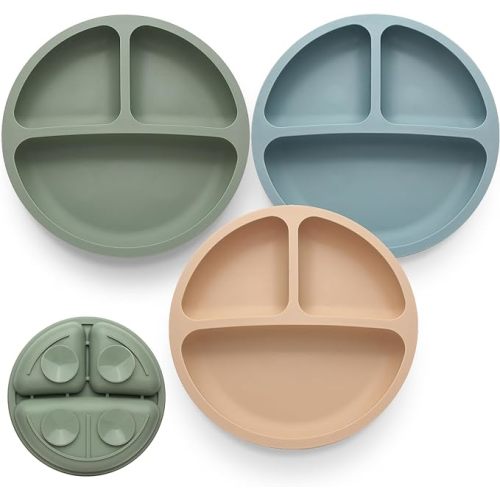 Eascrozn Toddler Plates 3 Pack, Divided Suction Plates for Baby, 100% Food Grade Silicone Baby Plates, Non-Slip, Baby Led Weaning Supplies, Microwave & Dishwasher Safe