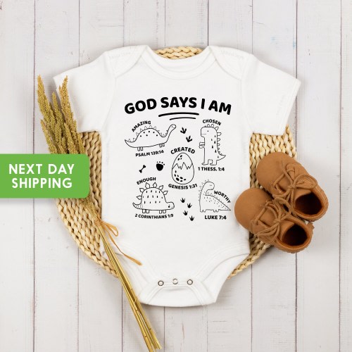 Christian Baby Bodysuit, God Says I Am Christian Bodysuit, Retro Dinosaurs Onesie®, Dinosaurs Toddler Shirt, Vintage Dinosaurs Baby Bodysuit