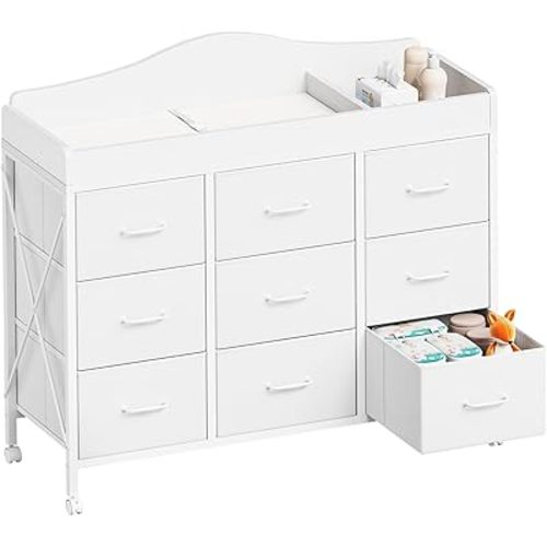 Baby Changing Table with 9 Fabric Drawers, Waterproof Diaper Changing Station & Pad, Mobile Nursery Diaper Changing Table, Baby Furniture, Bedroom, White
