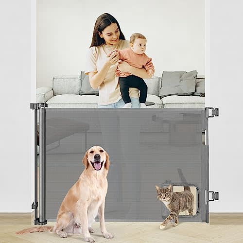 Retractable Baby Gate with Pet Door (55” Wide x 35” Tall) Retractable Dog Gate with Cat Door Indoor Outdoor Mesh Pet Gate for Cats/Puppy/Doggy/Toddler, Cat Safety Gate for Stairs and Doorways(Grey)