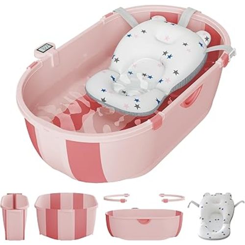 Collapsible Baby Bathtub for Infants to Toddlers with Soft Bath Cushion Foldable Baby Bath Tub with Thermometer and Drain Outlet, Baby Tub for Toddlers 0-6 Years Boys and Girls (Pink)
