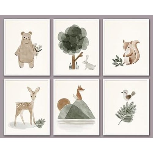 6 PCS Boho Wall Art Nursery Decor Cute Deer Squirrel Bear Wall Decor Unframed Green Bohemian Posters Nursery Print Paintings Artwork for Home Boys Girls Room Bedroom Classroom Living Room 8x10 In