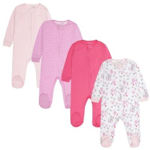 Everyday Kids 4-Pack Baby Girl Sleepers with Zippers – Soft Cotton Footed Pajamas in Pink Solids, Polka Dots, and Woodland Animals
