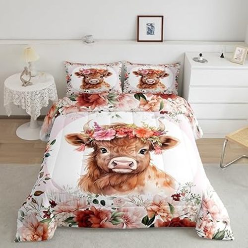 Feelyou Cute Highland Cow Comforter Set Queen Size Kids Cartoon Animal Comforter for Boys Girls Teens Flower Floral Print Bedding Set Farm Zoo Garden Theme Duvet Set Room Decor
