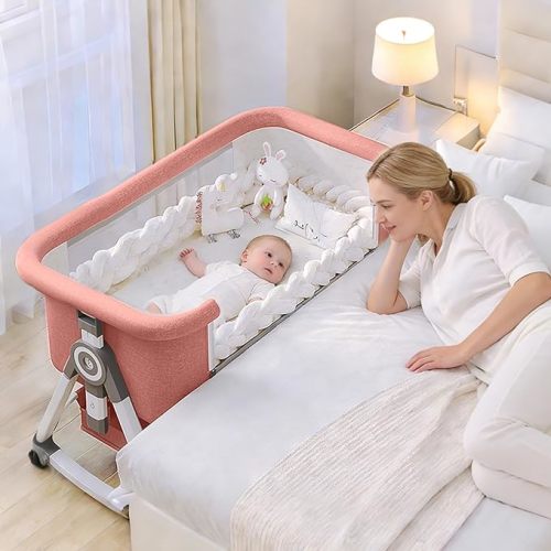 Baby Bassinet,3 in 1 Baby Bassinets Bedside Sleeper with Wheels and Mosquito Net,Bedside Bassinet for Baby with Comfy Mattress, Mattress&Breathable Mesh,Storage Basket