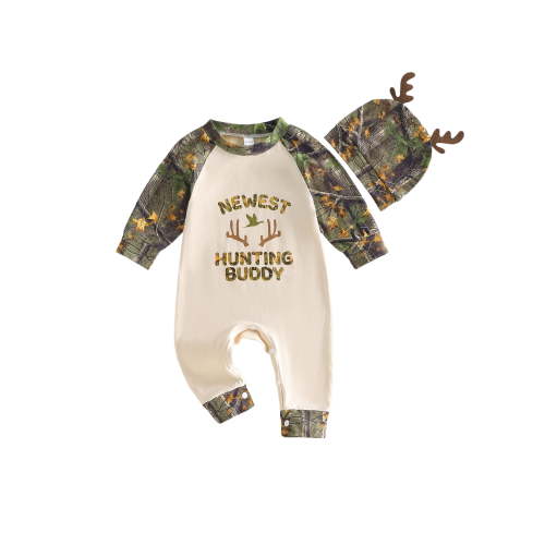 BemeyourBBs Baby Boy Hunting Clothes Cute Newborn Coming Home Outfit Spring Fall Romper Animal Letter Leaf Branch Long Sleeve Jumpsuit and Hat with Antlers 2 Piece Set