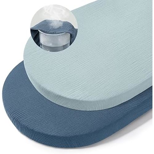 Basumee Muslin Bassinet Sheets for Baby Girl Boy 2 Pack Soft Breathable Baby Bedside Bassinet Fitted Sheets with Bottom Elastic Band 33''x17''x4'' Mattress Cover for Rectangle Oval Hourglass Bassinets