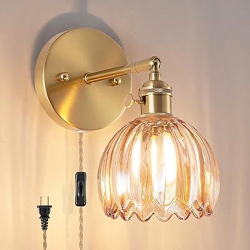 Plug-in Wall Sconce, Vintage Wall Decorative Lamp with Amber Glass Shade, Indoor Plug-in Wall Sconce for Bedroom, Living Room, Hallway