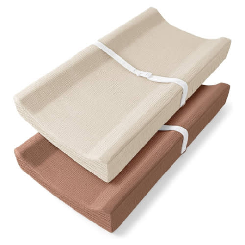 Bearmoss Changing Pad Cover, 2 Pack Muslin [100% Cotton] Diaper Changing Table Covers, 32'' x 16'' Soft Breathable Changing Pad Sheets for Unisex Baby Girls and Boys with Strap Holes (Cappuccino)