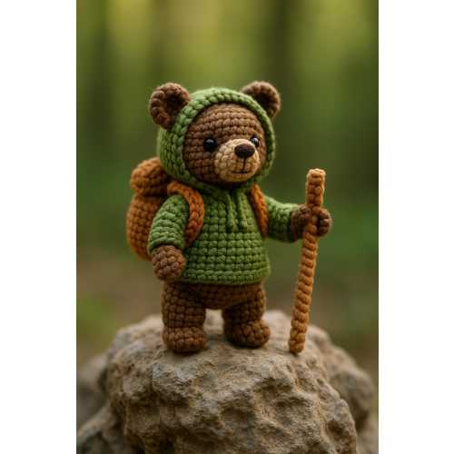 Tiny Explorer Bear Plush – Handmade Crochet Hiker with Backpack, Miniature Camping Gift, Kawaii Adventure Amigurumi – HookedByLia