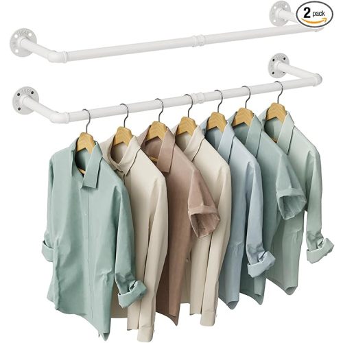 OROPY Industrial Pipe Clothes Rack Wall Mounted Set of 2, 38.4 inches Heavy Duty Iron Pipe Clothing Garment Rail, Multi-Purpose Clothing Hanging Rod for Laundry Room and Closet Storage, White