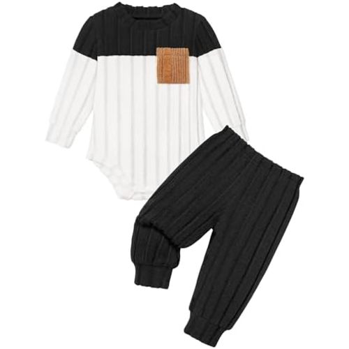 Newborn Baby Boy Clothes Color Block Ribbed Knitted Outfits Long Sleeve Romper+ Pants 2PCS Outfit