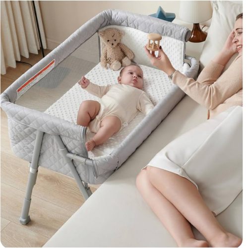Bassinet Bedside Sleeper, Baby Crib for Newborn, Baby Bassinets Bedside Sleeper with 4 Auto-Lock & Adjustable Height, Breathable Mesh & Mattress, Bedside Bassinet