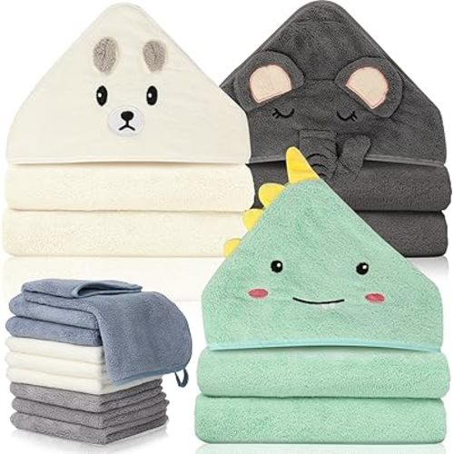 31x31 Inch Baby Hooded Towels, 12Pcs Bath Towels for Boys, Washcloth Set with Cute Design, Shower Towel Gift for Newborns, Infants and Toddlers