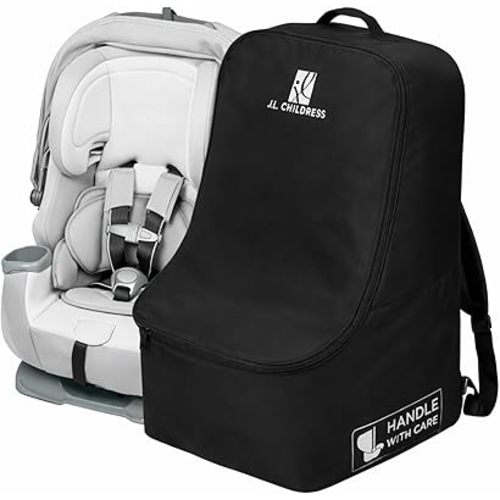 J.L. Childress Padded Backpack Car Seat Bag - Car Seat Travel Bag for Airplane, Fits Most Baby & Infant Carriers & Bootsters, Accessories for Gate or Baggage Check, AirTag Compatible - Deluxe, Black
