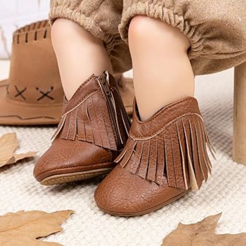 Meckior Baby Girls Cowboy Tassel Boots Side Zipper Moccasins Soft Bottom Non-Slip Toddler Shoe