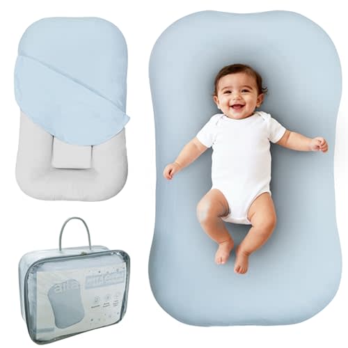 Aila + Aiden Baby Lounger | Organic Cotton Infant Lounger | Adjustable & Portable Floor Lounger | Supervised Use | Soft, Breathable, Washable Cover - Snuggle Collection - (Blue)