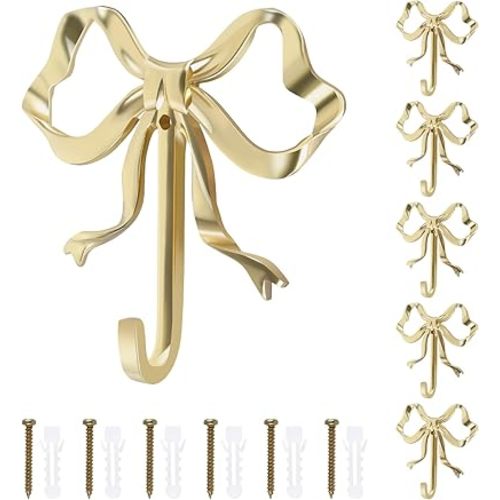 Gold Wall Hook 6 Pcs, Coat Hook Bow Knot Hook Hanger for Decor and Hat Towel Clothes Hanging, Multifunctional Brass Hook for Home Use in Bathroom Bedroom Kitchen Living Room (S, 2.6 x 2.6 x 0.67 in)