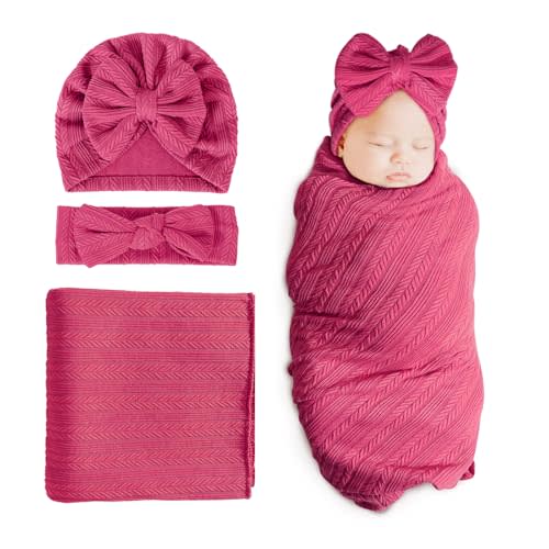 DRESHOW BQUBO Newborn Receiving Blanket Toddler Warm for Girls with Bow Hat and Bow Headband Shower Gift