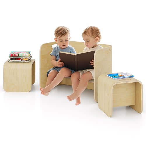 Costzon Kids Table and Chair Set, 4 in 1 Wood Activity Table, Bench, Storage Shelves, Desk for Children Reading, Arts, Crafts, Snack Time, Playroom, Fully Assembled, Toddler Table & Chair Set, Natural
