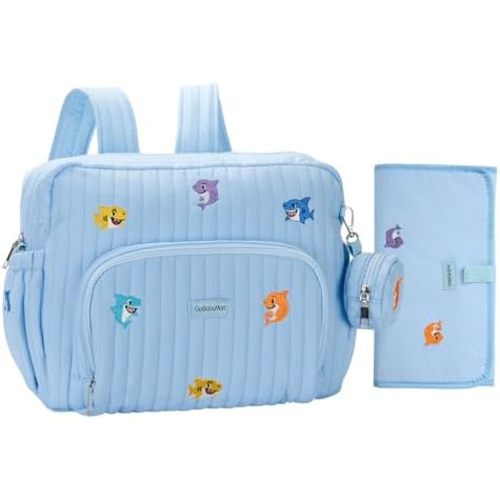 GOBABYMART Diaper Bag Backpack with Changing Pad - Travel Baby Bag, Insulated Bottle Pockets, Stroller Straps (Medium - Blue Sharks)