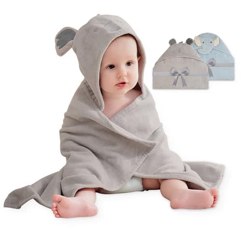 Viviland 2 Pack Hooded Baby Towels, Soft 100% Cotton Baby Bath Towels with Hood, Extra Thick and Absorbent, Essential for Newborns, Kids, Infants - Girls and Boys (Blue Elephant & Koala)