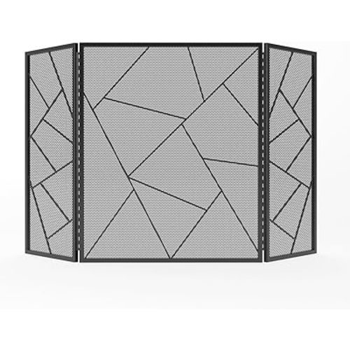 Lizh Metalwork 3 Panels Contemporary Style Fireplace Screen with Full Length Piano Hinges,Modern Foldable Decorative Mesh, Fire Spark Guard 48"(L) x 29"(H),Black