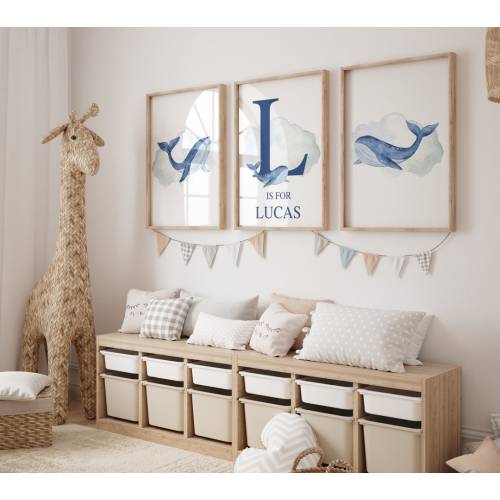 Whale Nursery Decor, Set of 3 Whale Prints, Boys Whale Prints, Personalised Boys Art, Blue Wall Art, Watercolour Sealife, Ocean Bedroom