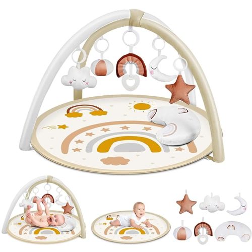 dearlomum Baby Play Gym Mat, Tummy Time Mat with 6 Detachable Toys for Stage-Based Sensory & Motor Skill All Development, Washable Non Slip Play Mats for Infant, Newborn Essentials Gift(Beige)