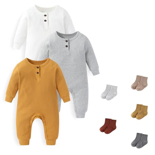 JELYLOVE Unisex Long Sleeve Baby Romper And Sock Solid infant Boy Girl Jumpsuits 0-24Months New Born Outfits