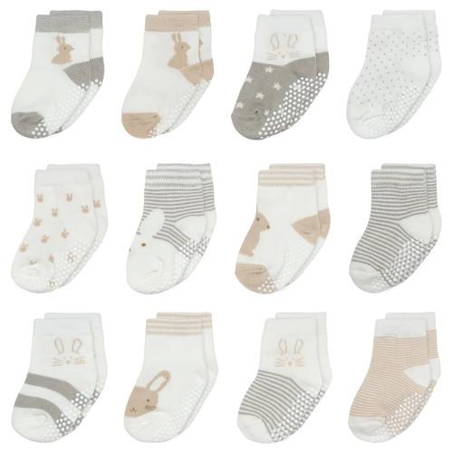 Organic Cotton Baby Socks 6-12 Months, 12 Pairs Unisex Anti Slip - Soft & Hypoallergenic Baby Girl & Boys Socks (CA/US, Age, 6 Months, 12 Months, Brown,Gray,White)