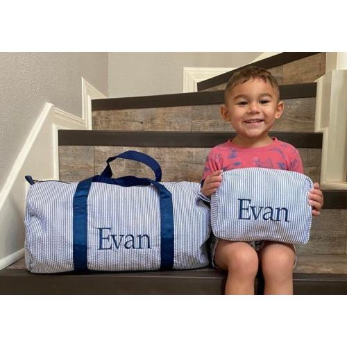 Monogrammed duffel bag or case or both , personalized seersucker kids overnight bag, kids travel bags, ballet sports sleepover daycare bag