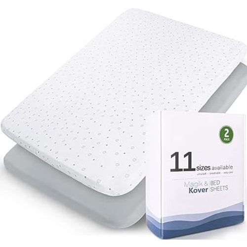 Pack and Play Sheets Fitted- Fit for ADOVEL, Pamo Babe, Baby Trend, Graco, Dream On Me and Other 25" x 36" Playard Mattress Cover, Ultra Soft & Stretchy Playpen Sheets, Grey & White Star, 2 Pack