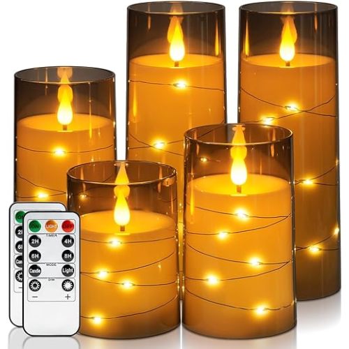 Homemory Flameless Candles with Embedded Star String Fairy Lights, Battery Operated Candles, LED Candles, Fake Candles with Remote Control and Timer, Gray Acrylic, Set of 5(H4 5" 6" 8" 8")