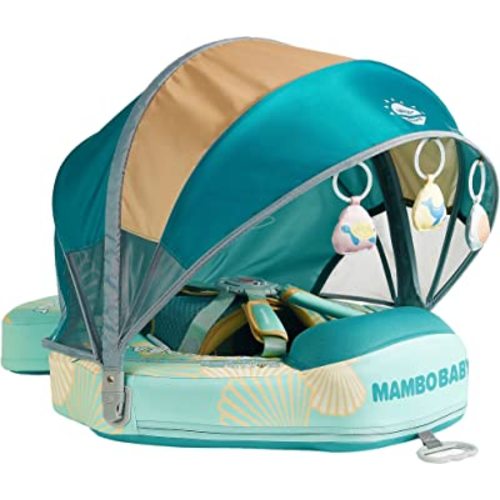 Mambobaby Float Add Tail Baby Swim Float with Canopy Solid Pool Infant Swim Trainer Swimming Training Lying Air Free Water Floats Non-Inflatable Waist Swim Ring for Toddlers (Shell - Green)