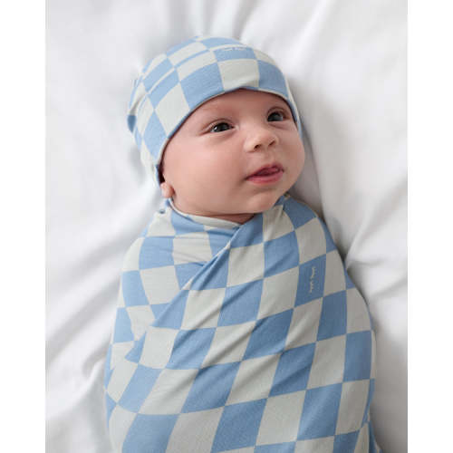 Dusk Blue Checks Swaddle & Beanie Set | Little Sleepies