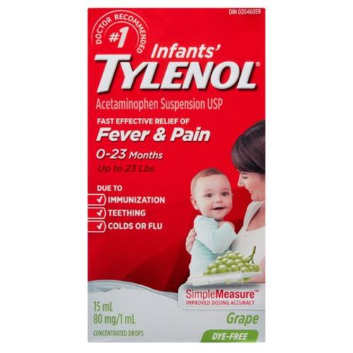 Tylenol Infants' Medicine, Relief of fever & pain, 0-23 Months, Dye-Free Grape Suspension liquid, Acetaminophen 80mg/1mL, 15 mL