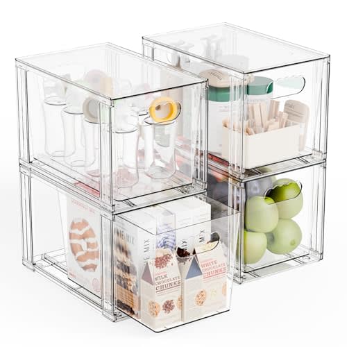 Yieach 4 Pack Large Stackable Storage Drawers,11″Deep Under Cabinet Organizer,Baby Bottle Organizer,Clear Stacking Pull Out Drawer,Acrylic Storage Containers Bins for Organizing Snack,Medicine,Makeup