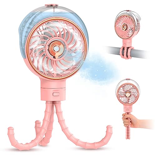 Ausic Stroller Fan with Mist, 100ml Misting Portable Fan for Stroller, Baby Fans with Detachable Tripod, Baby Essentials, Clip on Fans for Crib, Treadmill, Car Seat, Outdoor