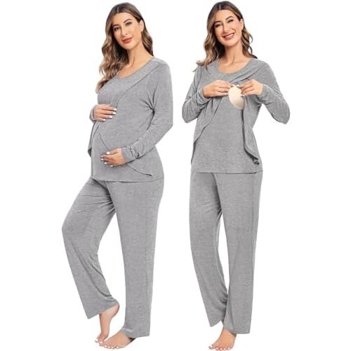 SWOMOG Women Maternity Pajama Set Nursing Pjs Double Layer Long Sleeve Top & Pants Breastfeeding Pregnancy Set with Pockets