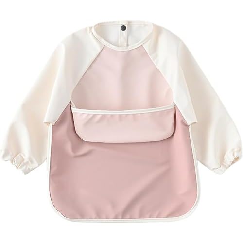GZMM Waterproof Baby Bibs,Infant Toddler Long Sleeve Feeding Bib With Food Catcher,Wipe Clean & Washable